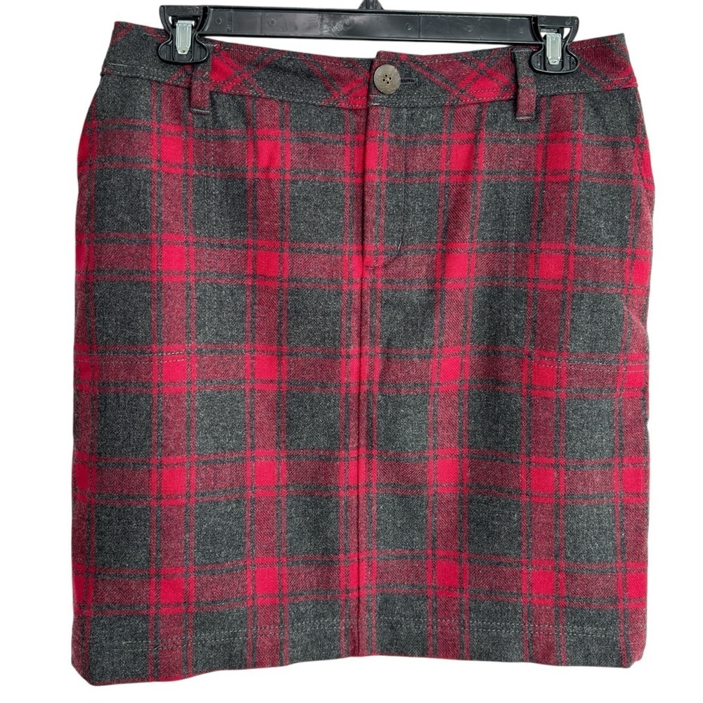Eddie Bauer Pencil Skirt Wool Blend Red Gray Plaid Size 14p Fully Lined, Pockets